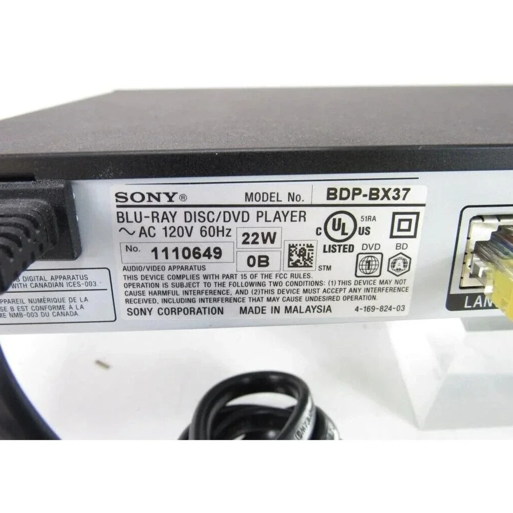Sony Blu-Ray Player - BDP-BX37‎ / No Remote / Cables seen, not inc.